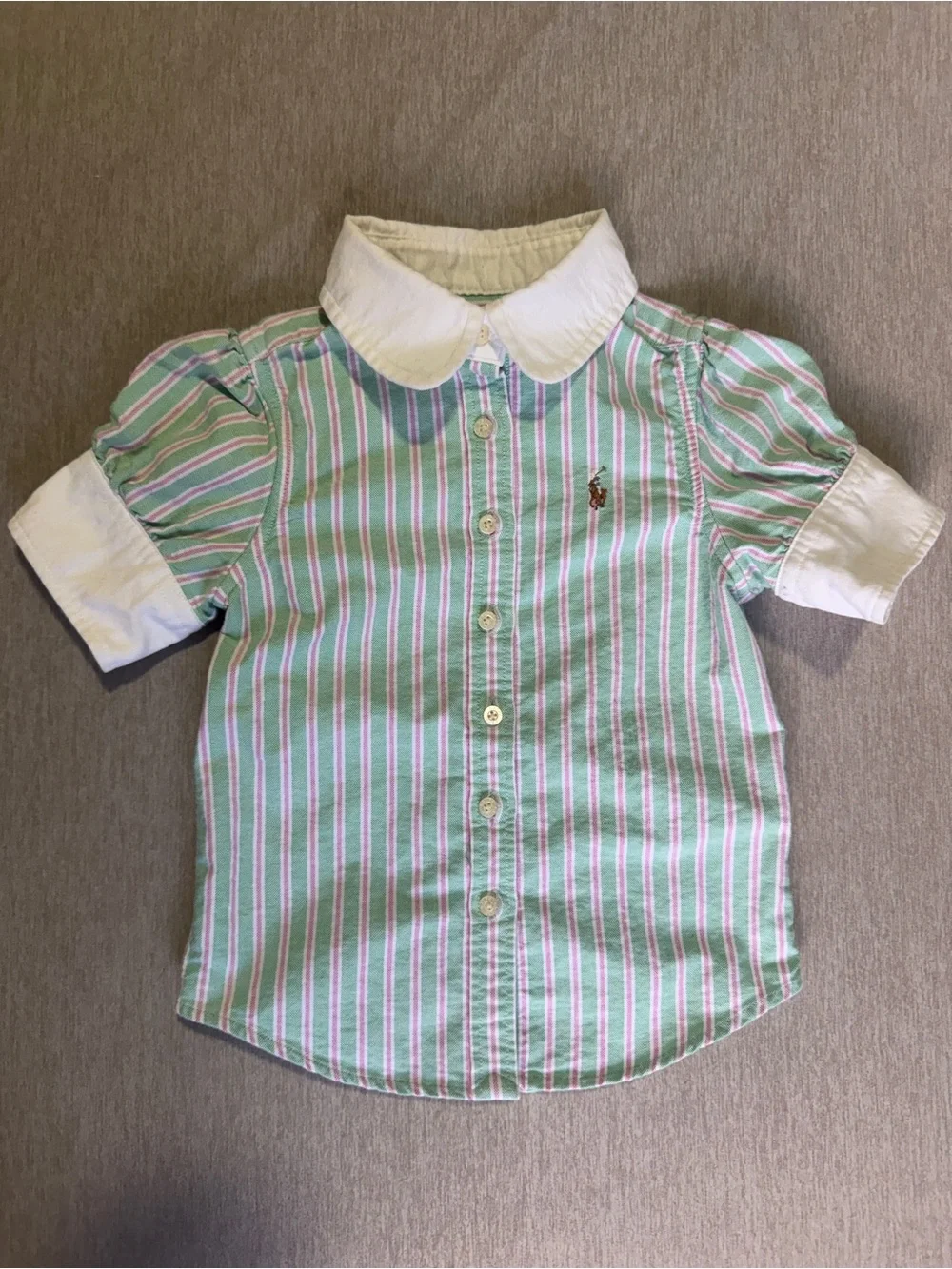 Ralph Lauren Toddler Green & Pink Striped Button Up Shirt White Collar Pony Logo